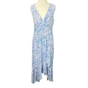 Lilly Pulitzer Women's Large Moana Dress Faux Wrap Maxi Boca Blue Sea What I Sea